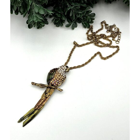 Vintage Rhinestone and Enamel Parrot Pendant Necklace Gold-Tone Metal 24" Chain - Picture 2 of 6